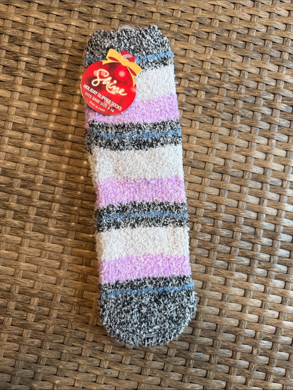 Soft Plush Stripe Holiday Slipper Socks - Pink & Gray